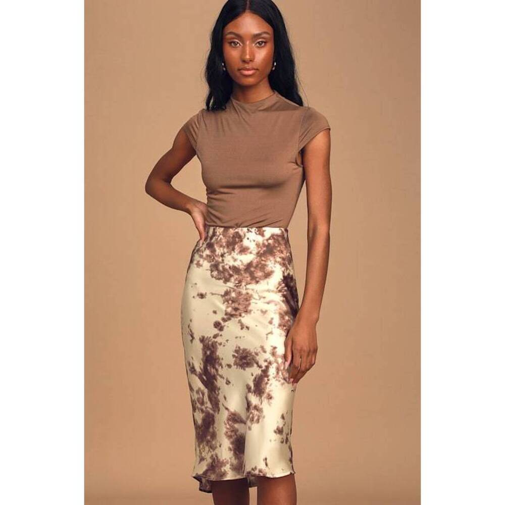 Lulus Destination Unknown Brown And Cream Tie-dye Satin Midi Skirt - Size M